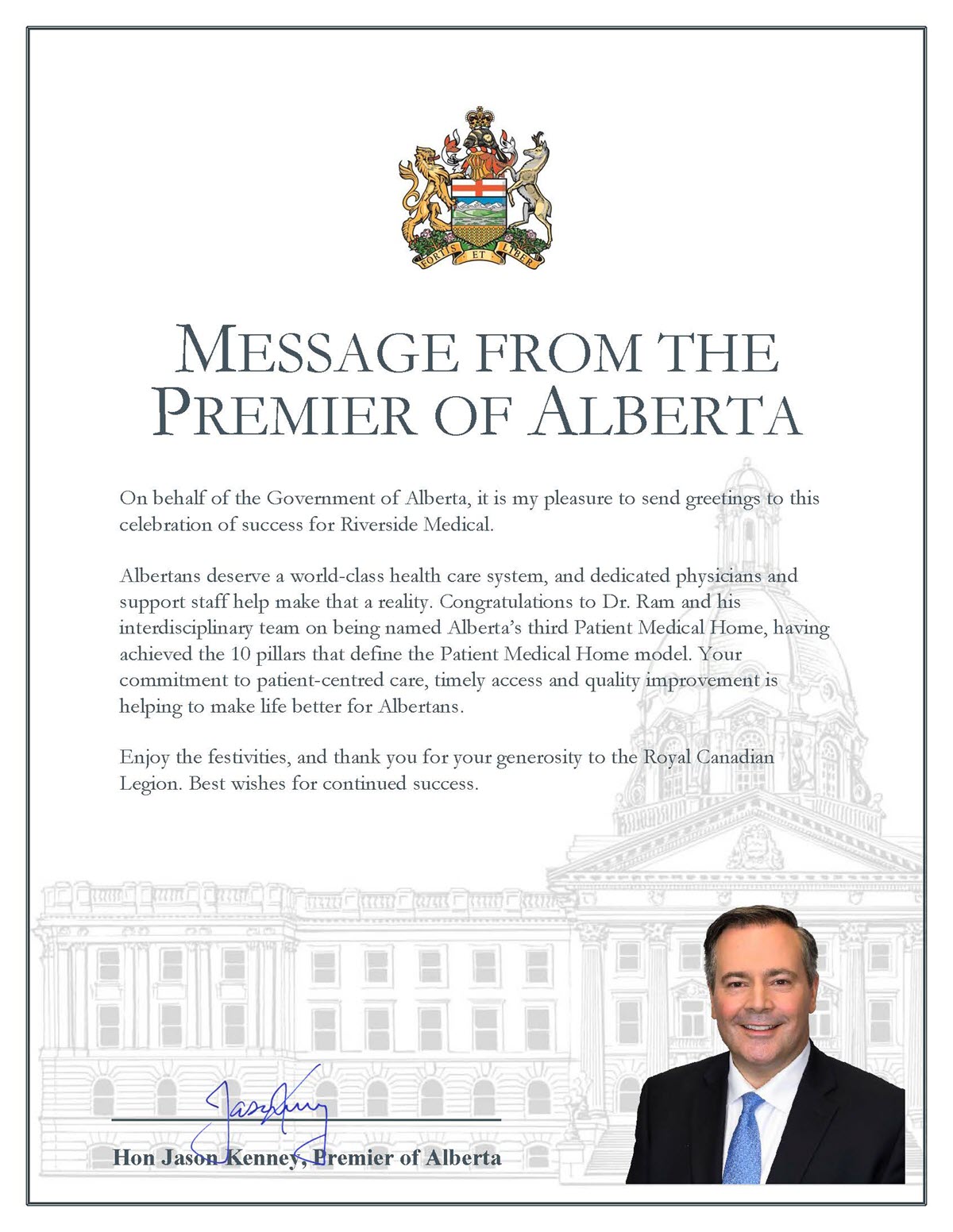 Riverside Medical Message from the Premier of Alberta